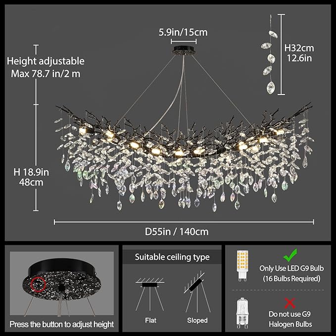 Modern Black Rectangle Crystal Tree Branch Chandelier, 55" 16-Light K9 Crystal Chandeliers for Dining Room, Rectangular Dining Room Chandelier Over Table,for High Ceiling,Kitchen