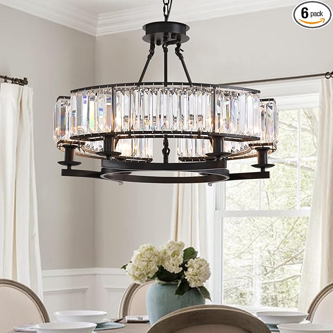 NOXARTE Round Crystal Chandelier 6 Lights Hanging Chandelier Pendant Light Ceiling Fixture Black Iron Frame for Dining Room Living Room Farmhouse D26 Inch x H20 Inch