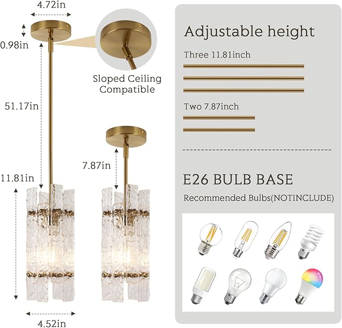 Modern Crystal Pendant Light for Kitchen Island, Gold Luxury Mini Water Ripple Glass Chandelier Lights Fixture, Modern Square Adjustable Hanging Pendant Lighting for Dining Room Bedroom (3-Pack)