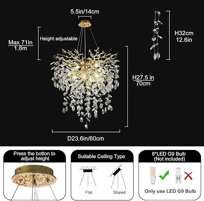 24 inch Crystal Chandelier for Dining Room, Round Gold Tree Branches Chandeliers, Top K9 Crystal Chandelier, Modern Chandeliers for Kitchen,Foyer Entryway,Luxury Adjustable Hanging Chandeliers