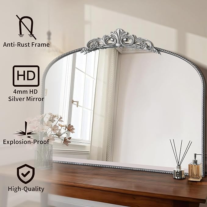 Micasso Antique Wall Silver Mirror: 40" x 30" French Baroque Vintage Mirror - Traditional Ornate Decorative Arched Mirrors for Wall/Bathroom/Entryway/Fireplace/Hallway - Home Decor for Living Room