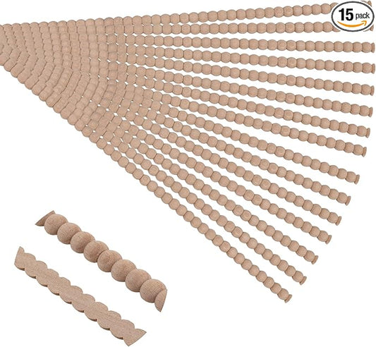 15-Pack 15.75" Unfinished Wood Beaded Trim - Easy to Paint, Cute Decorative Molding DIY Craft for Furniture Frame, Mirror Edge, Wall, Door, Closet, Dresser, Shelf