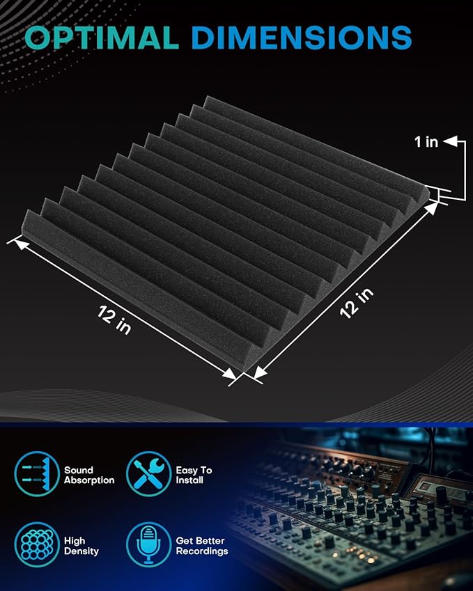 52 Pack Acoustic Foam Panels, 1 X 12 X 12 Inches Sound Proof Foam Panels for Walls, High Density Acoustic Panels Sound Absorbing, Black Noise Cancelling Studio Wedges (NOT INCLUDE ADHESIVE)