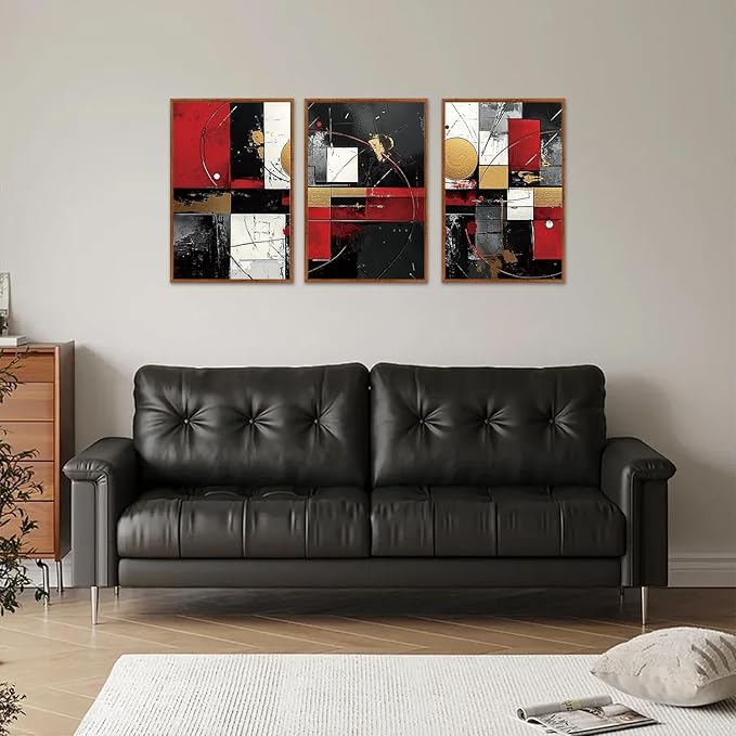 LHIUEM Abstract Black Framed Canvas Wall Art,Modern Red Wall Decor,Boho Metal Painting,Minimalist Textured Gold Artwork for Living Room,Bedroom,Dining Room -16"x24"x3