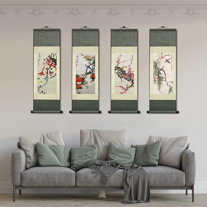 AtfArt Wall Art 4 Pack Asian Decor Birds & Flowers Silk Scroll Painting (36.2 x 12 in) - Chinese Art Wall Hanging, Fade-Resistant, Home Office