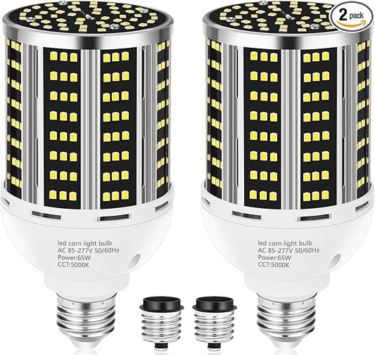 65W LED Corn Light Bulb 2 pack(650W Equivalent ) ,E26/E39 Commercial Grade 7800LM Medium Daylight 5000K Mogul Base LED Lamp,Large Area Lights For Outdoor Indoor Garage Warehouse Factory Bay Light