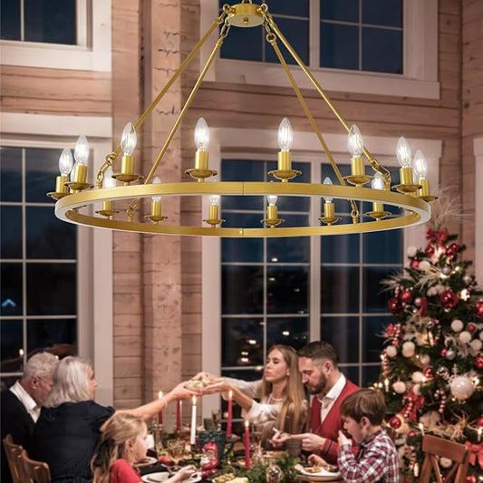 40in Gold Wagon Wheel Chandelier, 16 Light Farmhouse Large Chandelier Round Modern Rustic Industrial Adjustable Height for High Ceiling Living Room, Entryways, Foyer, Staircases, Dining Room
