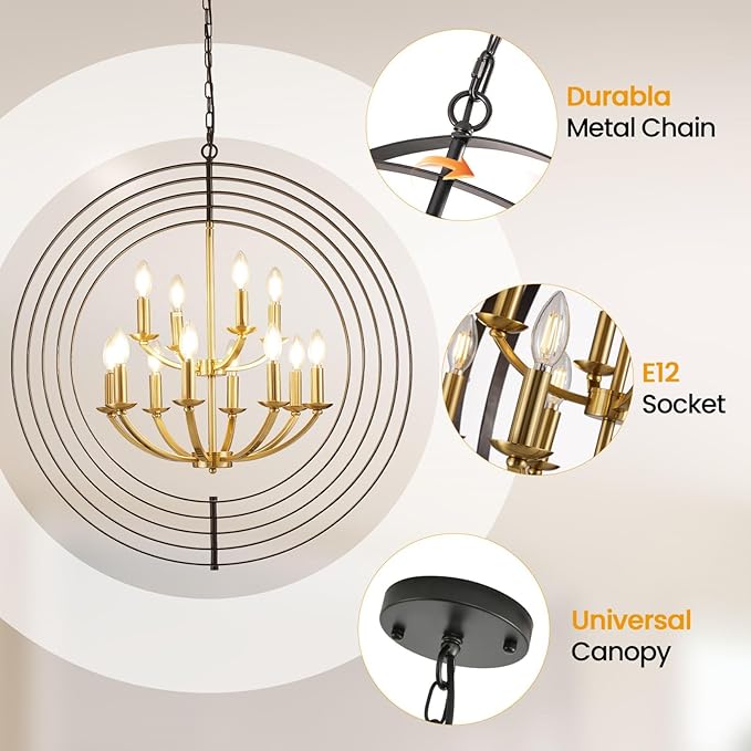 Black and Gold Chandelier, 12-Light Farmhouse Chandelier for Entryway, 31.5" Extra Large Round Pendant Light Fixtures, Foyer Chandeliers for High Ceilings, Rustic Ceiling Foyer Lighting Fixtures