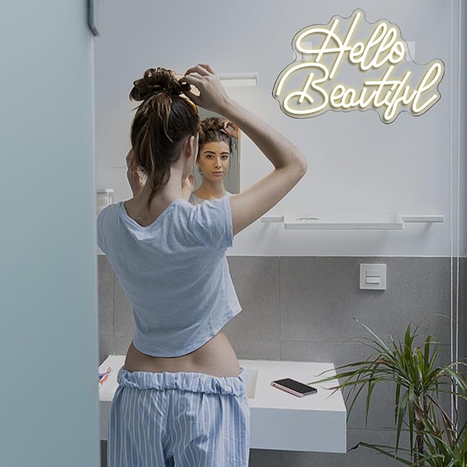 LooKLight Hello Beautiul Neon Sign,Warm White Neon Light Sign,Letters Wedding Neon Signs for Wall Decor,USB Powered Led Light Up Signs For Wedding Party Bedroom Birthday Beauty Salon