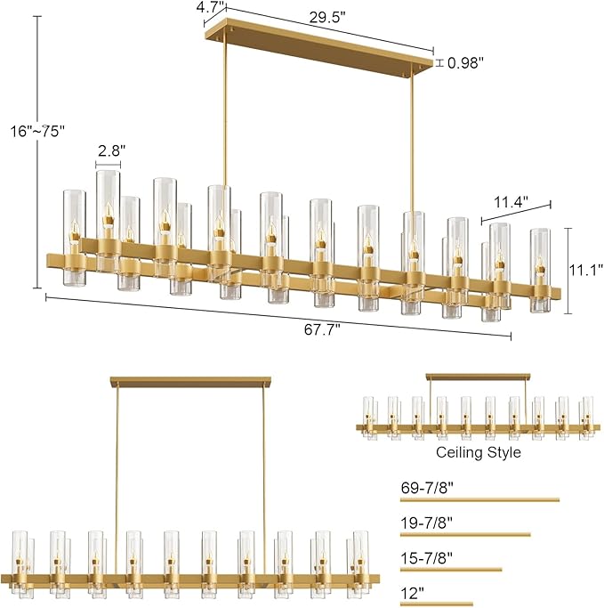 Brass Rectangle Kitchen Island Lights, Farmhouse Linear Rectangular Chandelier with Glass Shades, 20 Lights Gold Lighting Fixtures Industrial Pendant Light for Dining Room Over Table