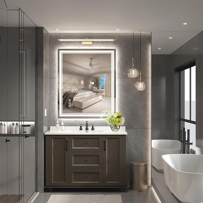 30x36 Inch LED Bathroom Mirror with Frontlit & Backlit（Independent Control）, Lighted Mirror for Bathroom Wall with 3-Color Dimmable & Anti-Fog, Vanity Mirror with Lights