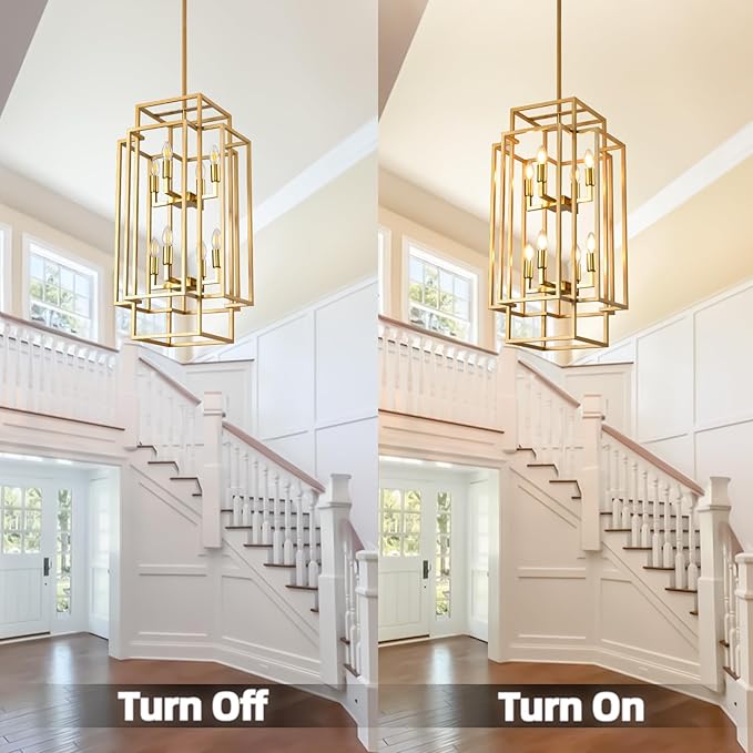 8-Light Gold Chandelier, Modern Foyer Lighting Fixtures, 31.5" Farmhouse Lantern Pendant Light, Industrial Large Chandeliers for High Ceilings, for Living Room,Staircase,Hallway