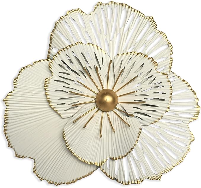 10" Metal Flower Wall Art Decor, Rustic Modern Floral Sculpture, Distressed Iron Wall Hanging Home Decoration Accent Artworks for Indoor Kitchen Bedroom Living Office Outdoor Garden Patio (36A-White)