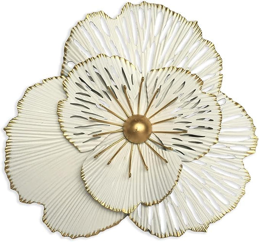 10" Metal Flower Wall Art Decor, Rustic Modern Floral Sculpture, Distressed Iron Wall Hanging Home Decoration Accent Artworks for Indoor Kitchen Bedroom Living Office Outdoor Garden Patio (36A-White)