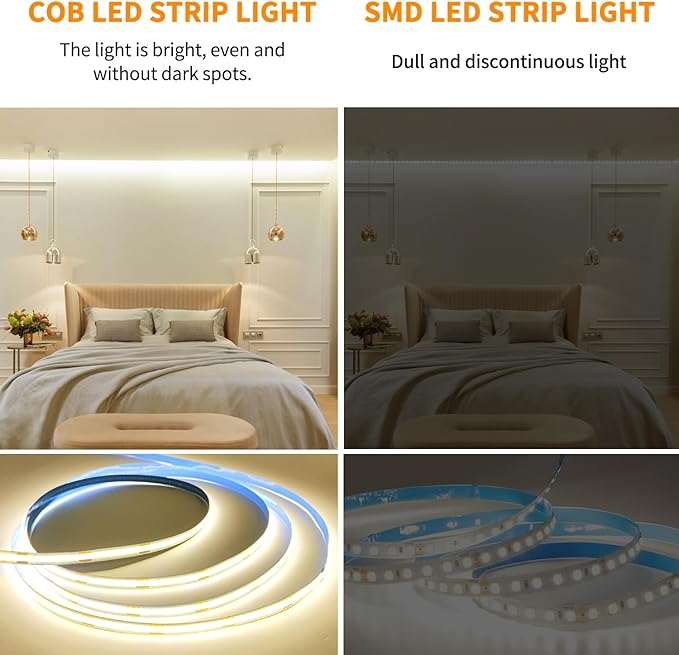 100FT COB LED Strip Lights 3000K Warm White Dimmable DC 24V Flexible LED Tape Light for Bedroom, with Remote and app Control LED Light Strip,for DIY Home Decoration