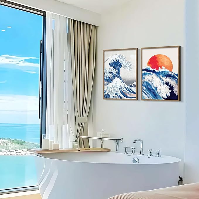 2Pcs Framed Canvas Wall Art Japanese Wave and Red Sun Poster Prints Hokusai Inspired Ocean Picture Traditional Ukiyo-e Gallery Decor Living Room Bedroom Office Apartment 16X24 Inch Ready to Hang