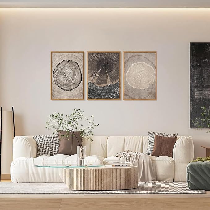 CHDITB Beige Tree Ring Framed Canvas Wall Art Set, Modern Wood Stump Wall Decor, Abstract Black and White Wall Painting, Neutral Nature Art Print for Living Room, Bedroom, Office - 16"x24"x3