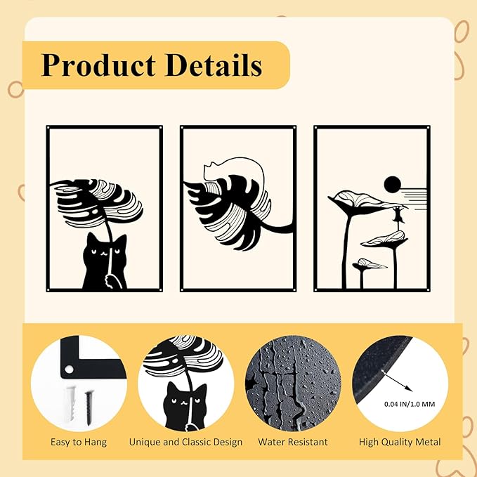 3Pcs Black Cat Wall Art, Metal Wall Sculptures, Cat Wall Decor for Cat Lovers, for Living Room Bedroom Kitchen Office Wall Hanging Décor