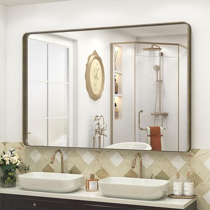 48x32 Bronze Bathroom Mirror, Brushed Bronze Framed Bathroom Vanity Mirror, Rounded Rectangle Mirror for Wall, Shatterproof, Wall Mounted, Anti-Rust (Horizontal/Vertical)