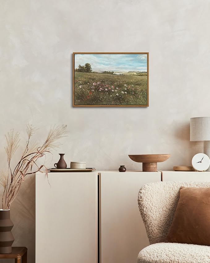 KISSFOX Vintage Landscape Canvas Wall Art Farmhouse Colorful Wildflower Meadow Framed Wall Art Summer Natural Serene Countryside Paintings Artwork Rustic Art Prints For Bedroom Bathroom Living Room