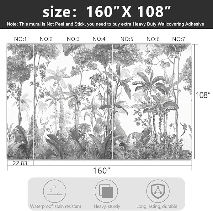 -Grey Jungle Botanical Animal Banana Leaf Fabric Wallpaper Living Room Tropical Plant Forest Leaf Wallpaper Bedroom Bathroom Large Wall Mural- 160"x108"（ not Peel and Stick）