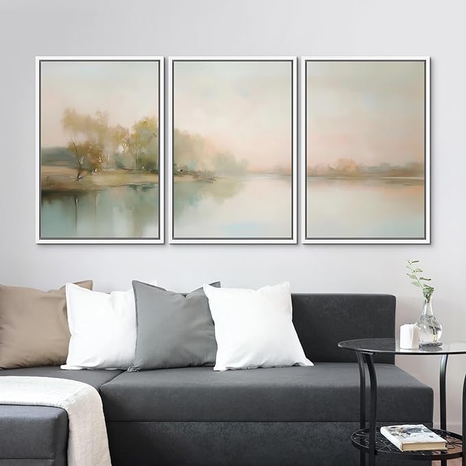 MUDECOR Framed Wall Art Print Set Soft Pastel Landscape Serene Waters and Reflections Illustrations Modern Art Boho Decorative Colorful Chic for Living Room, Bedroom, Office - 16"x24"x3 White