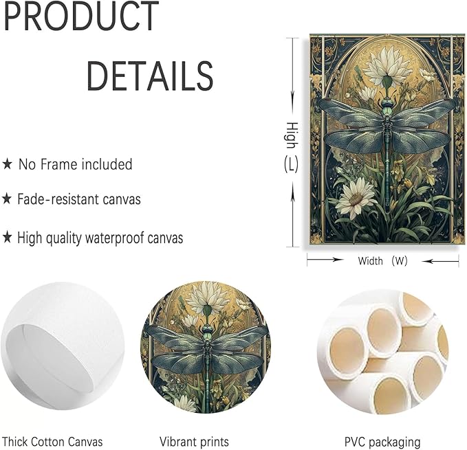 3Pcs Floral Dragonfly Canvas Wall Art Dark Flower Green Plant Decor painting Pictures Vintage White Lily Daisy Posters Prints for Living room Bathroom Bedroom Office Hallway Home Decoration Unframed