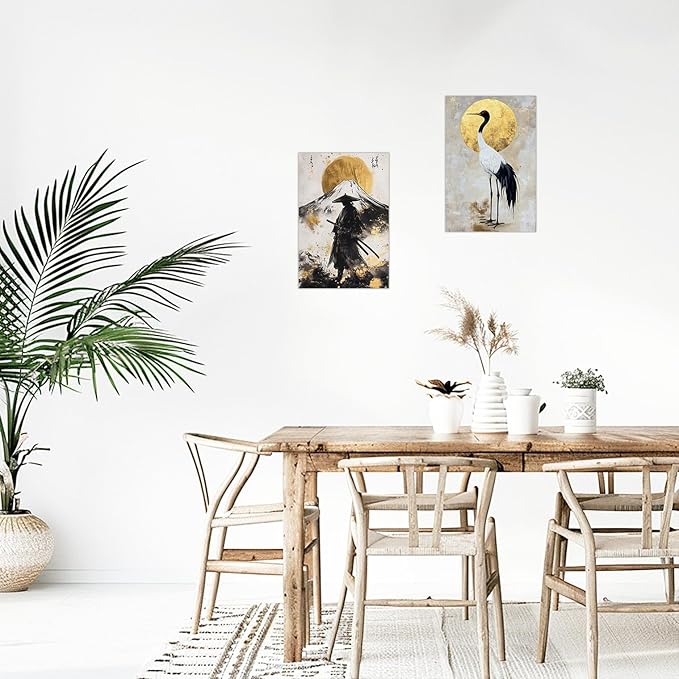 SWQYLB Japanese Wall Art 2 Piece Samurai Art Wall Decor Japanese Landscape Pictures Canvas Prints Asian Oriental Home Decor Framed (Gold, (20"x30"x2 Pieces))