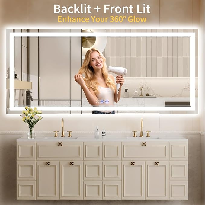 32"x72" LED Bathroom Mirror with Lights, Anti-Fog, Backlit + Front Lit, Dimmable, Led Vanity Mirror for Wall, Lighted Bathroom Mirror, 3 Colors, Shatter-Proof Tempered Glass