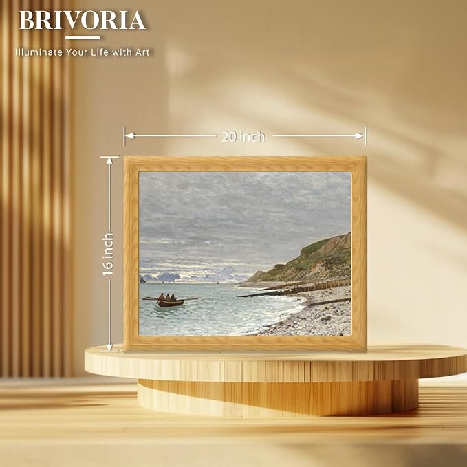 Brivoria Framed Canvas Wall Art Vintage Decor, Coastal Landscape with Cliff Rowboat Pebble Shore and Distant Horizon Beneath Cloudy Sky for Living Room Statement Wall or Gallery Display, 16"x20"