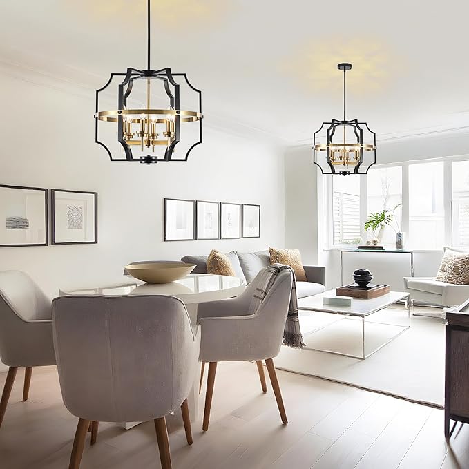 19.7'' Black and Gold Chandelier for Dining Room, 6-Light Farmhouse Industrial Chandelier Adjustable Modern Geometric Pendant Lights for Living Room Kitchen Entryway Foyer Hallway