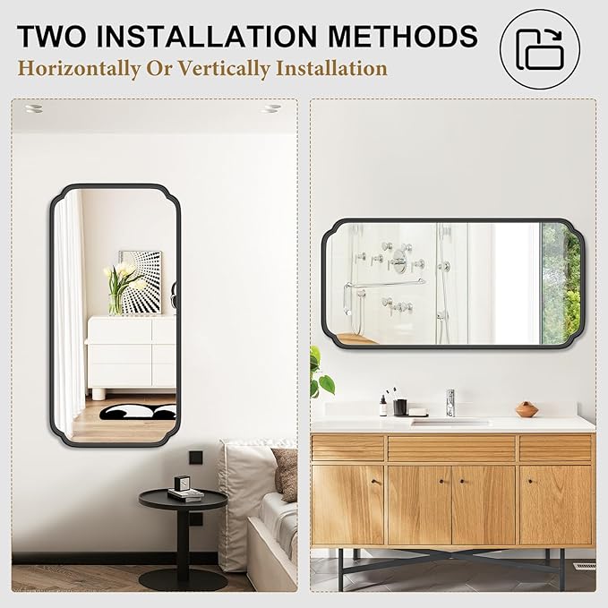 48 x 24 Inch Black Bathroom Vanity Mirror for Wall with Metal Frame Modern Rectangle Rounded Corner Wall Decor Mirror for Big Bathroom Over Sink (Horizontal/Vertical)