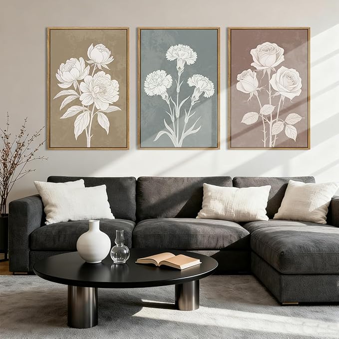 BINCUE Extra Large Neutral Botanical Wall Art Decor Floral Painting Flower Print for Living Room Bedroom Bathroom Dining Room 24" Lx36 W 3 Piece