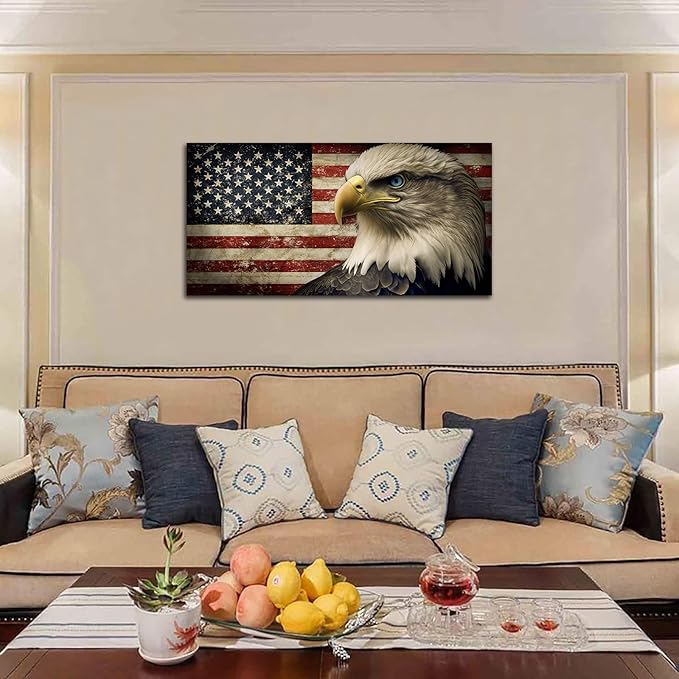 American Flag Canvas Wall Art - Flag of USA with Eagle Pictures for Wall Decor Patriotic Canvas Printing Artwork Vintage Rustic Design for Living Room Home Office Wall Decoration 20" x 40"