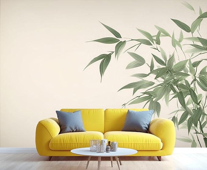 Chinese Mural Wallpaper, Green Bamboo Leaf Murals, Abstract 3D Landscape Murals Wallpaper for Living Room Bedroom Tv Background Wall Home Decor Mural (Not Peel Stick)