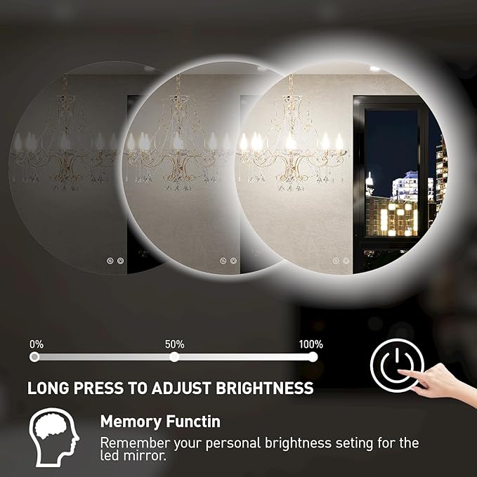 36 Inch Round LED Bathroom Mirror - 6000K Daylight Backlit, Anti-Fog & Dimmable, Frameless Waterproof Mirror with Touch Control, CRI90+, IP54 for Vanity & Makeup