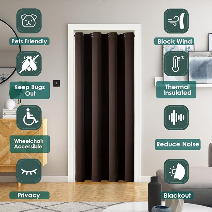 ChrisDowa Blackout Door Curtains for Doorway Privacy, Grommet Closet Curtains for Bedroom Closet Door, Thermal Insulated Temporary Doorway Cover Room Divider Drapes (1 Panel, Brown, 52 x 80 Inch)