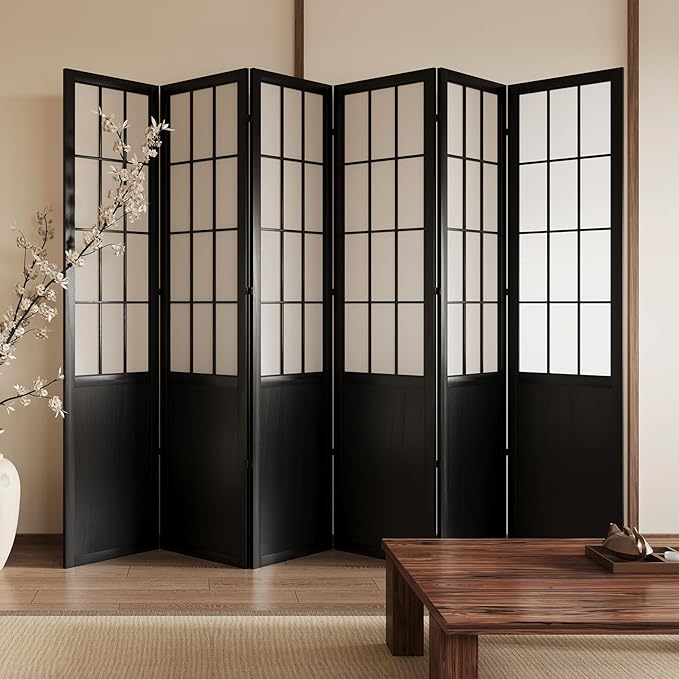 5.6FT Room Divider and Folding Portable Partition Screen, Chinese Japanese Shoji Style for Room Separation - 6 Panel (Black)