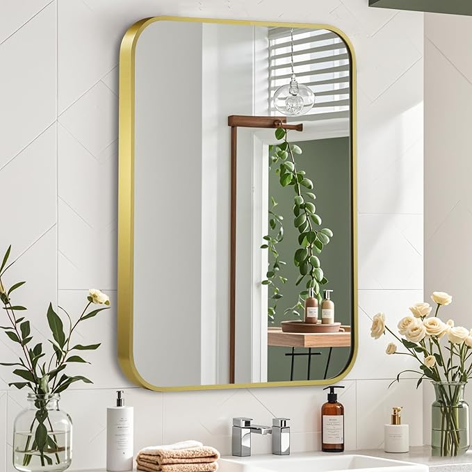24x36 Inch Gold Mirror, Framed Rectangle Mirror with Rounded Corner, Brushed Brass Mirror, Gold Bathroom Mirror for Over Sink, Vanity, Living Room, Bedroom, Horizontal/Vertical