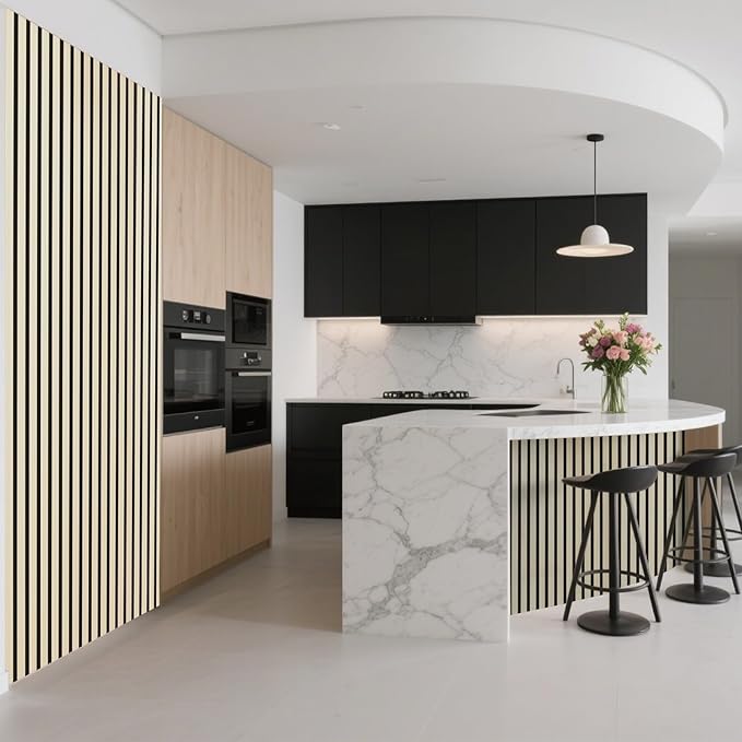 Art3d Acoustic Wood Slat Wall Panel with Roll-Flat Design - 95.3 x 23.8 Inch Sound Absorbing Panels for Living Room Columns Corridor Curved Wall Decor, 1-Pack Oak