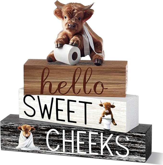 4 Pcs Christmas Highland Cow Bathroom Decor Farmhouse Bathroom Decoration Western Hello Sweet Cheeks Table Centerpiece