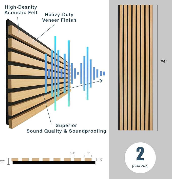 2 Pack – 94” x 12.6” 3D Acoustic Slat Wood Wall Panels | Soundproof Decorative Wall & Ceiling Panels | Modern Noise-Reducing Acoustic Paneling for Home, Office & Studio (Light Cold Oak.)