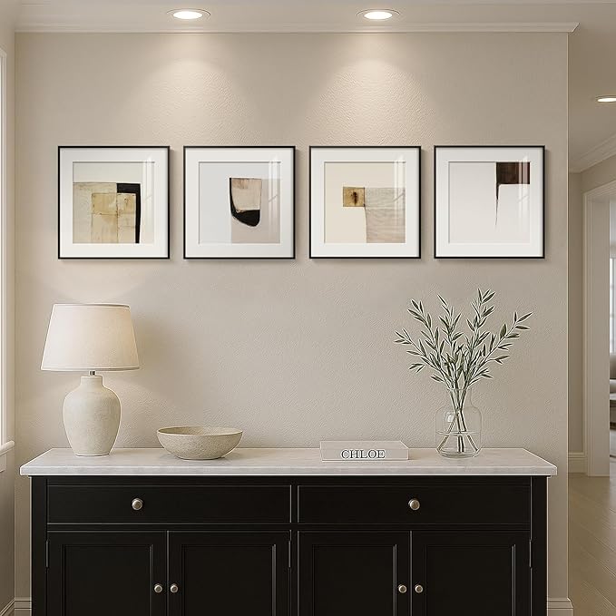 4 Piece Framed Neutral Abstract Wall Art Set, Tan and Black Geometric Modern Pictures Prints, Minimalist Luxury Paintings Artwork for Bedroom, Bathroom, Hallway and Living Room 12x12 Inch