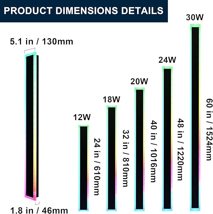 MELUCEE 2pcs 60in Long RGB Outdoor Wall Light Fixture, 5.1in Wide Dimmable Exterior Wall Lights IP65 Waterproof for Garage and Front Door, Long Outside Wall Sconce Black LED Outdoor Entrance Lighting