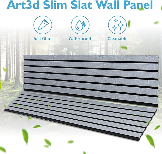 Art3d 4-Pack Glue-On Six-Grid Wainscoting Panel for Interior Wall Decor - 104 x 12 Inch Polystyrene Ultralight Slim Slat Wall Panels for Living Room Bedroom, Slate