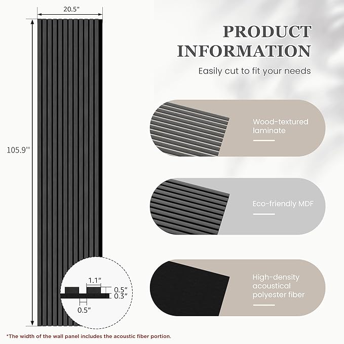 2 Pack 105.9" x 20.5" x 0.8" Acoustic Wall Panels Sound Absorbing, Wood Slat Wall Panels for Wall Decor, Soundproof Wood Wall Panels, Dark Gray