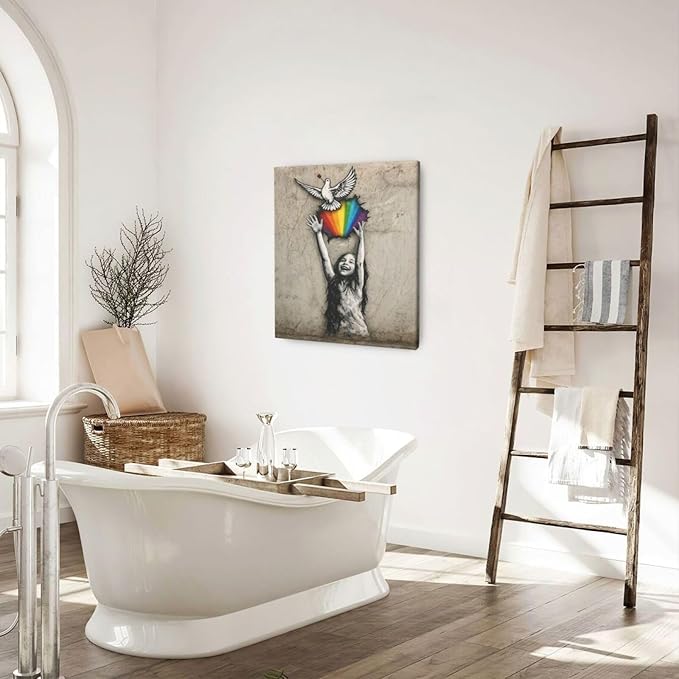 Banksy Street Graffiti Wall Art Rainbow Canvas Wall Decor Love And Peace Pictures Paintings Prints Artwork Framed Modern Decorations For Bedroom Bathroom Office Living Room Gifts 20" x 24"
