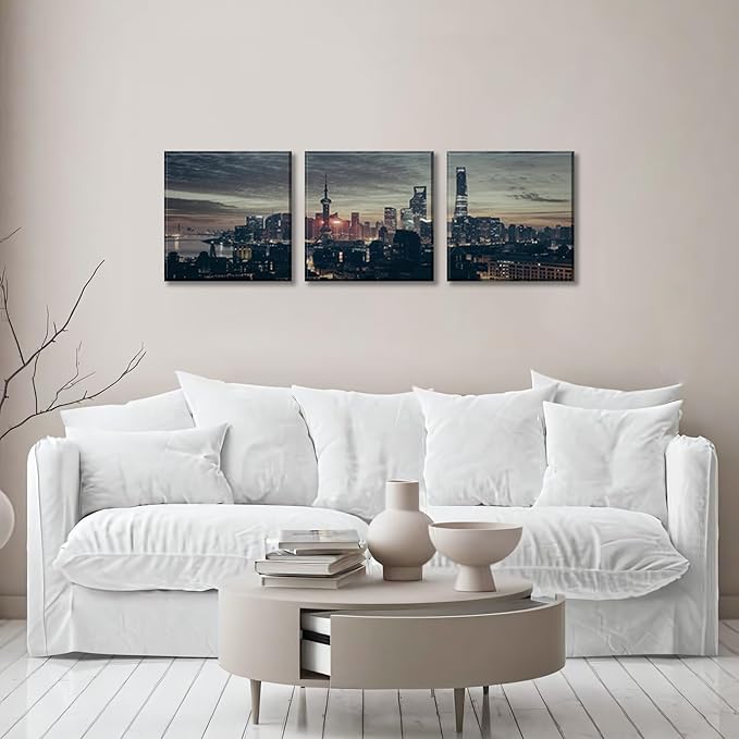 NAN Wind 3Pcs Modern Shanghai Skyline Canvas Wall Art Dusk City Panorama Print Oriental Pearl Tower Night Scene Artwork Living Room Office Decor Black Grey Gold Urban Photography Print on Canvas Decor