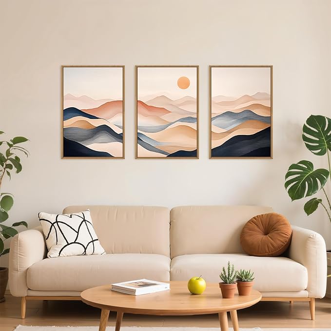 Boho Abstract Mountain Framed Canvas Wall Art Set,Earthy Toned Rustic Sunrise Landscape Wall Decor,Colorful Modern Watercolor Nature Scenery Artwork for Living Room, Bedroom,Farmhouse-24"x36"x3