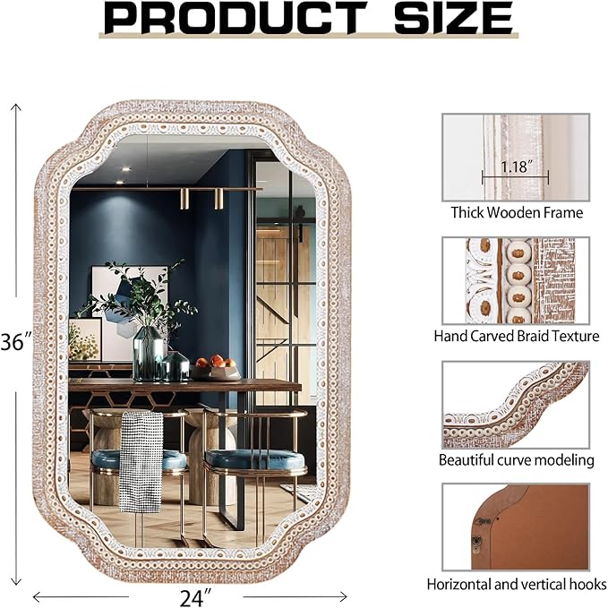 36x24 Wooden Scalloped Decorative Wall Mirror with Beaded Frame, Rustic Farmhouse Entryway Mirrors for Bathroom Vanity, Foyer, Hallway, or Over Sink (Horizontal/Vertical)